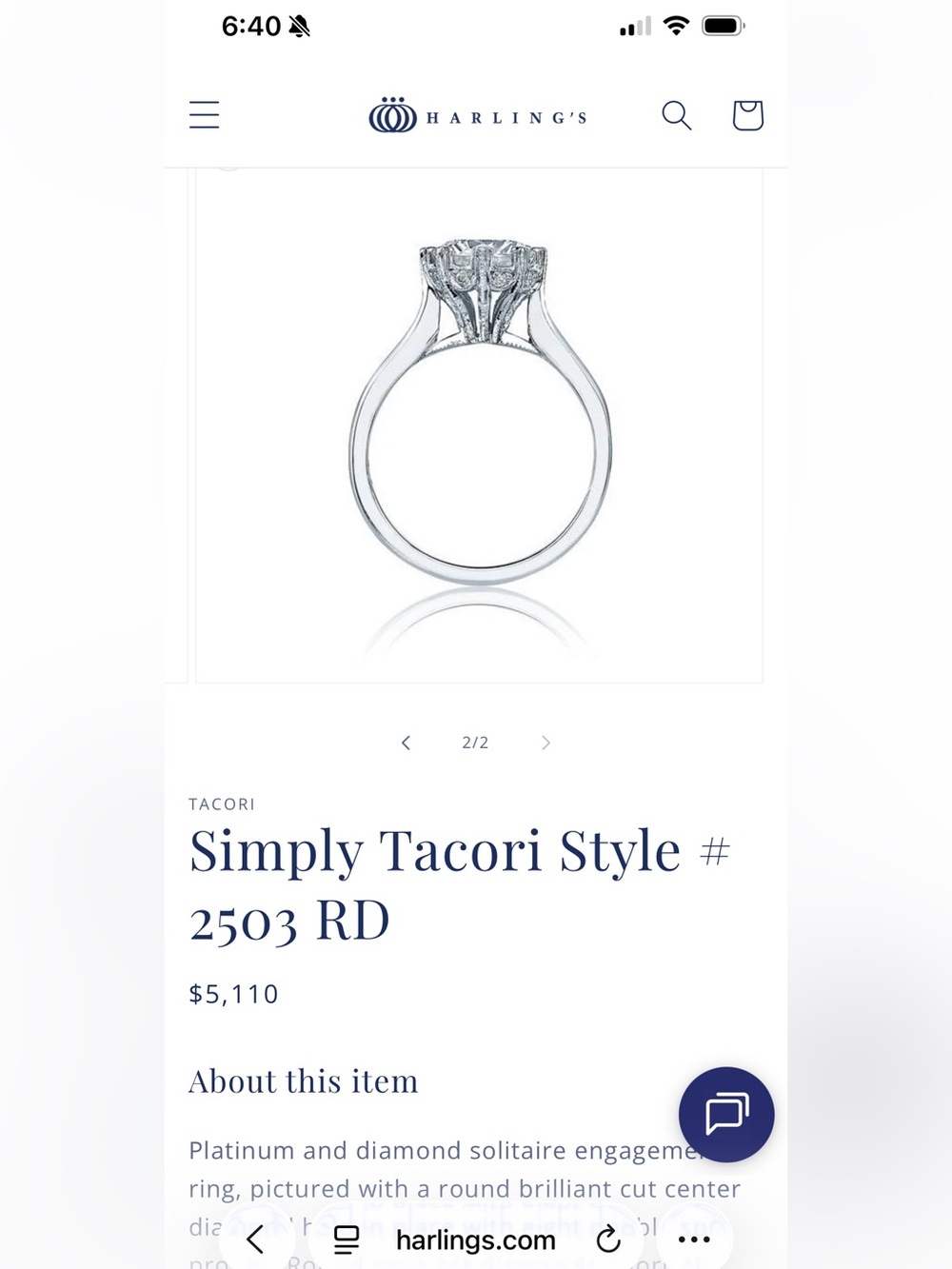 Tacori Platinum Engagement Ring with Diamond Halo 2503 New